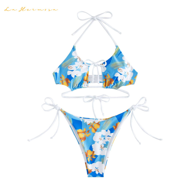 Sexy ladies two piece Hollow out bikini swimwear floral print lace-up bathing suit beach suit lace-up swimsuit qj1526