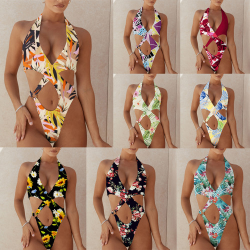 designer Hollow out one-piece swimsuit multicolor sexy deep v neck bikini Splicing swimwear summer beach suit xcpx1031