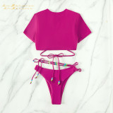 Sexy ladies two piece short sleeves bikini Design swimwear fashion summer Hollow out beach suit swimsuit qj2032