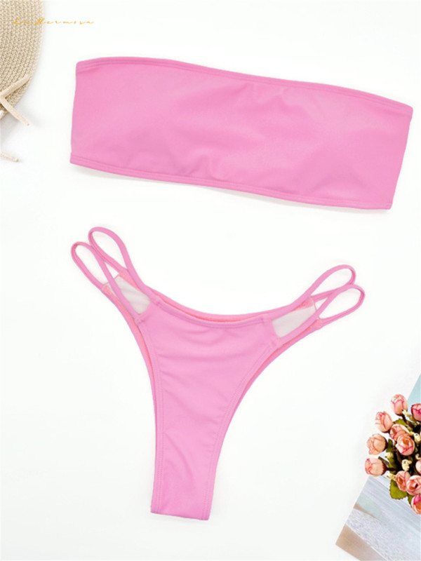 Sexy Women Retro Tube Top Bikini Summer Two-Piece Beachwear #xccc0626 Pink Thong Cutout Swimsuit Swimwear Wholesale Designer Bikinis