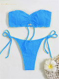 Ladies Tube Tops Bathing Suits Sexy Beachwear Two Piece Thong Bikini High Waist Blue Bathing Suit Wholesale Swimwear RFD3325