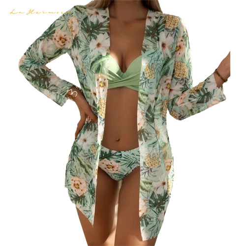 New Swimsuit Three-Piece Mesh Shawl Blouse Printed Bikini Summer Beach Wear Swimsuit Ladies Wholesale Swimwear Bikinis rfd3040