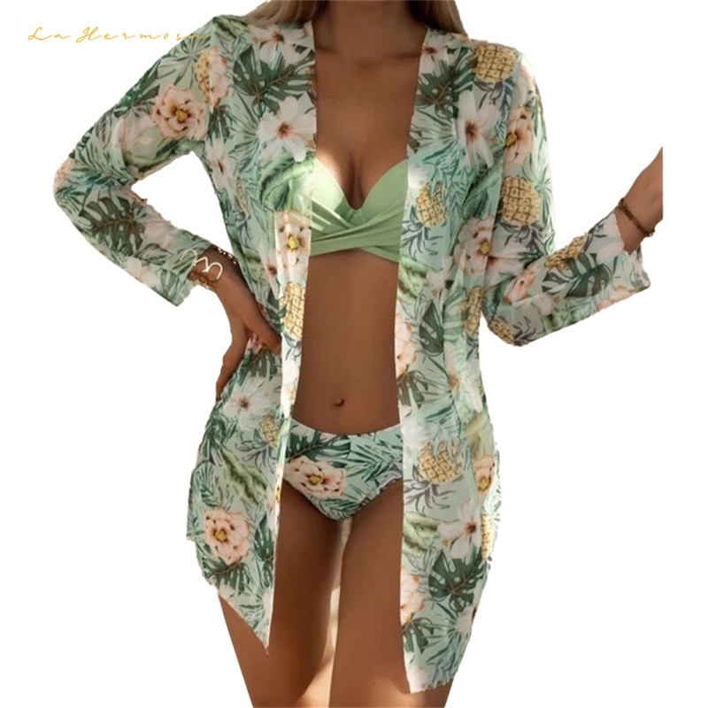 New Swimsuit Three-Piece Mesh Shawl Blouse Printed Bikini Summer Beach Wear Swimsuit Ladies Wholesale Swimwear Bikinis rfd3040