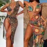 Hot Sale Swimming Suit Both Side Nylon Bikinis Long Chain Straps Hollow Cut High Rise three Piece Leopard print Bikini Maior Swimwear #rfd15733