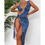 Hot Sale Swimming Suit Both Side Nylon Bikinis Long Chain Straps Hollow Cut High Rise three Piece Leopard print Bikini Maior Swimwear #rfd15733