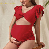 Pregnant women swimsuit 2023 new fashion solid color loose short-sleeved Hollow out one-piece swimwear #rfd15832
