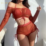 four-Piece Suit Mesh long sleeve Swimsuit Womens  Solid Colour Two-Piece Bathing Suit red color Swimwear Bikini wholesale #rfd17437