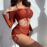 four-Piece Suit Mesh long sleeve Swimsuit Womens  Solid Colour Two-Piece Bathing Suit red color Swimwear Bikini wholesale #rfd17437