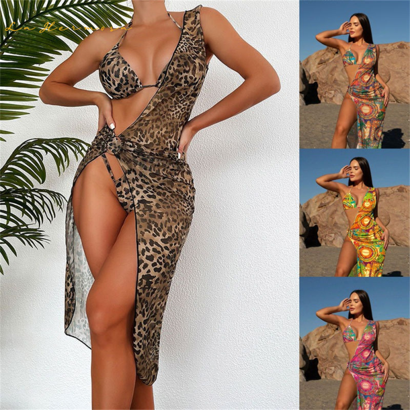 Hot Sale Swimming Suit Both Side Nylon Bikinis Long Chain Straps Hollow Cut High Rise three Piece Leopard print Bikini Maior Swimwear #rfd15733