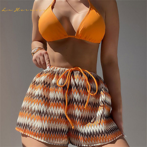 New Style three-Piece orange Swimsuit Women sexy Bikini shorts Beach Wear summer swimming Swimwear Bikinis #rfd16733