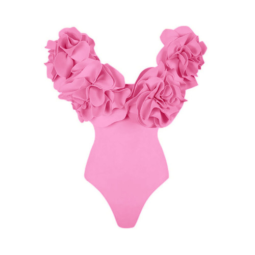 Pink Strapless One-Piece Swimming Suit Three.Dimensional Flower Beach Resort Swimsuit
