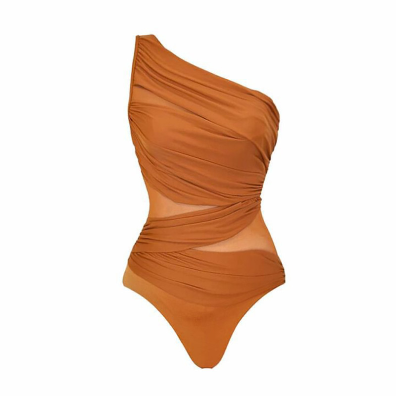 Fashion brown Single-Shoulder Solid-Color Bikini Swimsuit HalterNeck Tight Backless Two-Piece Swimsuit