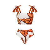 Fashion Printed Maple Leaf One-Piece Swimsuit SummerRefreshing V-Neck Beach Dress Swimsuit