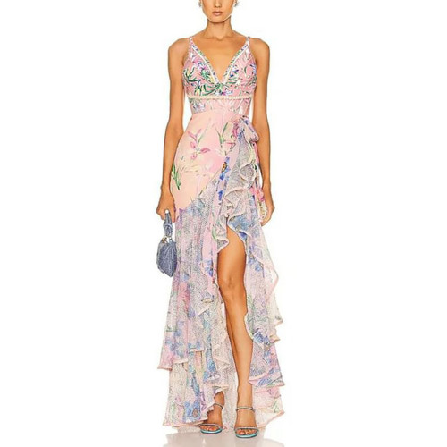 Floral Printed One-Piece Bikini Swimsuit, SummerBeach Sexy V-Neck Flowing Swimsuit