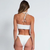 White Color Matching Deep V Bikini Swimsuit Neck-Wrap Floral High-End Sexy off-The-Shoulder Swimsuit