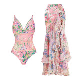 Floral Printed One-Piece Bikini Swimsuit, SummerBeach Sexy V-Neck Flowing Swimsuit