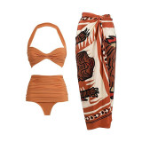 Fashion brown Single-Shoulder Solid-Color Bikini Swimsuit HalterNeck Tight Backless Two-Piece Swimsuit