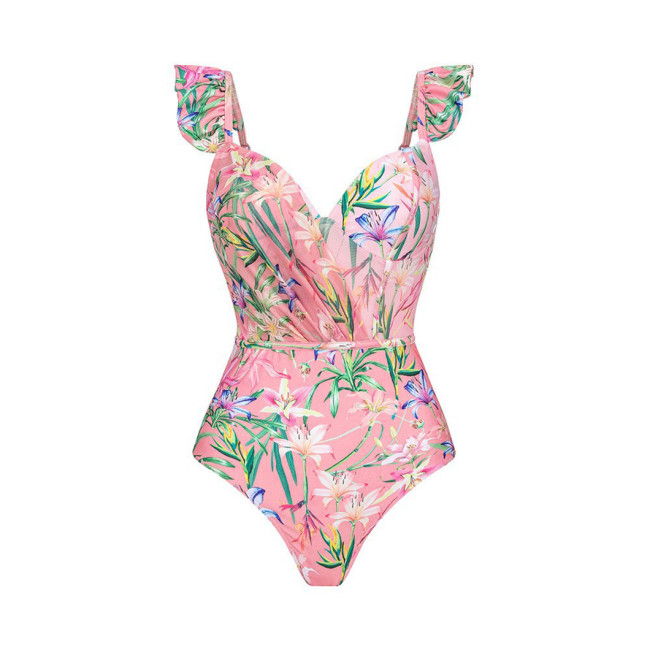 Pink Floral Printed One-Piece Bikini Swimsuit, SummerBeach Sexy V-Neck Flowing Swimsuit