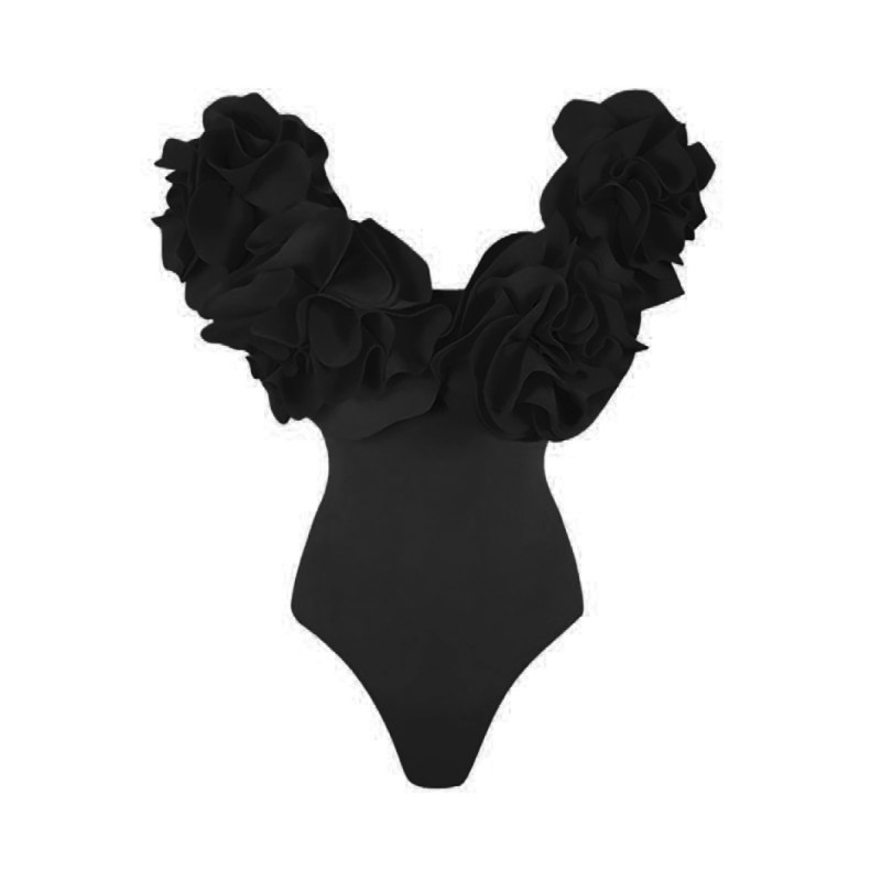 Black Strapless One-Piece Swimming Suit Three.Dimensional Flower Beach Resort Swimsuit