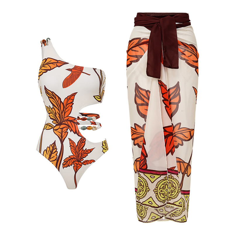 Fashion Printed Maple Leaf One-Piece Swimsuit SummerRefreshing V-Neck Beach Dress Swimsuit