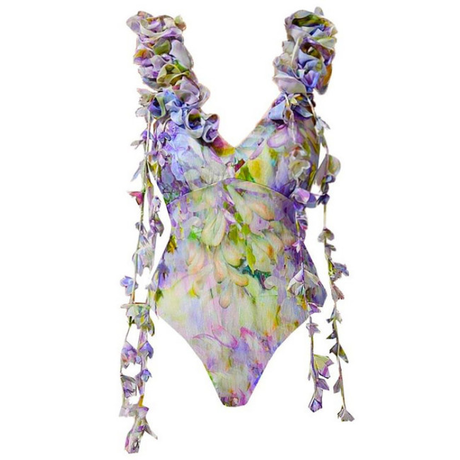 Beautiful Floral One-Piece Swimming Suit 3D FlowerThree-Dimensional Decorative Printed Fringed One-Piece Swimsuit