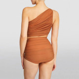 Brown Single-Shoulder Solid-Color Bikini Swimsuit HalterNeck Tight Backless Two-Piece Swimsuit