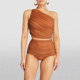 Brown Single-Shoulder Solid-Color Bikini Swimsuit HalterNeck Tight Backless Two-Piece Swimsuit
