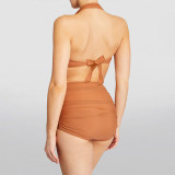 Brown Single-Shoulder Solid-Color Bikini Swimsuit HalterNeck Tight Backless Two-Piece Swimsuit