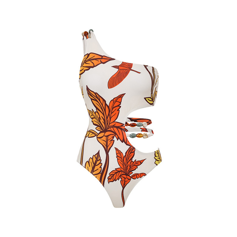 Printed Maple Leaf One-Piece Swimsuit SummerRefreshing V-Neck Beach Dress Swimsuit