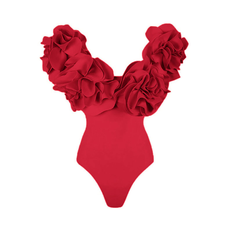 Pink Strapless One-Piece Swimming Suit Three.Dimensional Flower Beach Resort Swimsuit