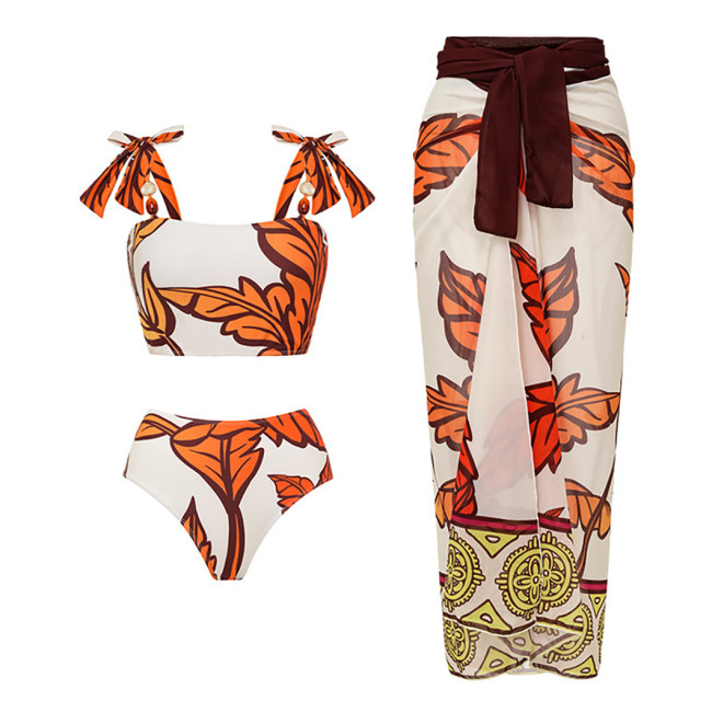 Fashion Printed Maple Leaf One-Piece Swimsuit SummerRefreshing V-Neck Beach Dress Swimsuit