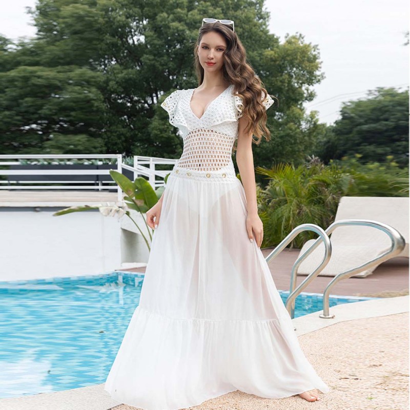 White New Sexy Open-Front One-Piece Swimsuit WhiteFishnet Ruffled Edge High-End Bikini Swimsuit