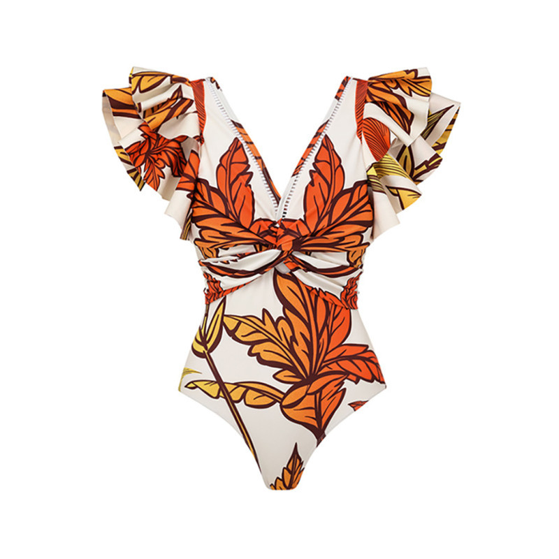 Fashion Printed Maple Leaf One-Piece Swimsuit SummerRefreshing V-Neck Beach Dress Swimsuit