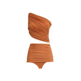 Brown Single-Shoulder Solid-Color Bikini Swimsuit HalterNeck Tight Backless Two-Piece Swimsuit