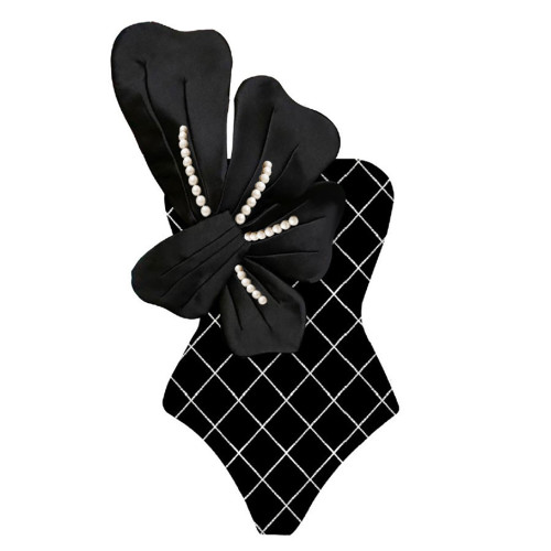 Black One-Piece Pearl Flower Shoulder-Swimwear Slimmingand Sexy Set of Quick-Drying and BreathableSwimsuits