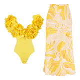 Fashion Strapless One-Piece Swimming Suit Three.Dimensional Flower Beach Resort Swimsuit