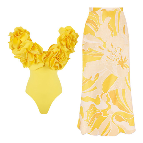 Fashion Strapless One-Piece Swimming Suit Three.Dimensional Flower Beach Resort Swimsuit