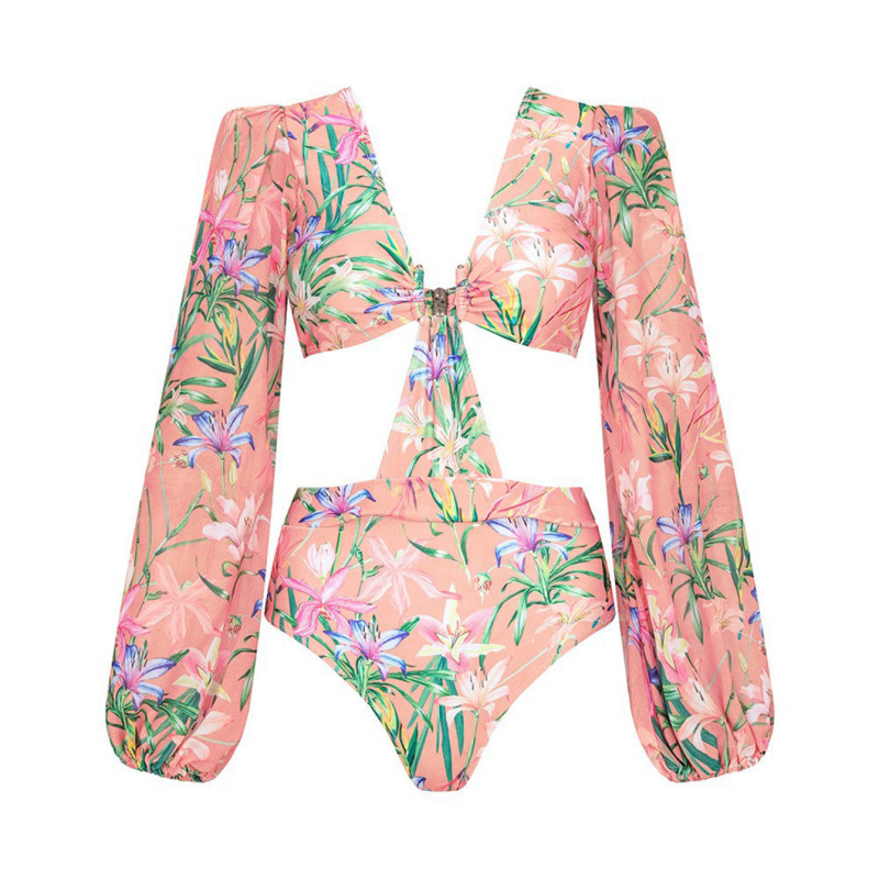 Pink Floral Printed One-Piece Bikini Swimsuit, SummerBeach Sexy V-Neck Flowing Swimsuit