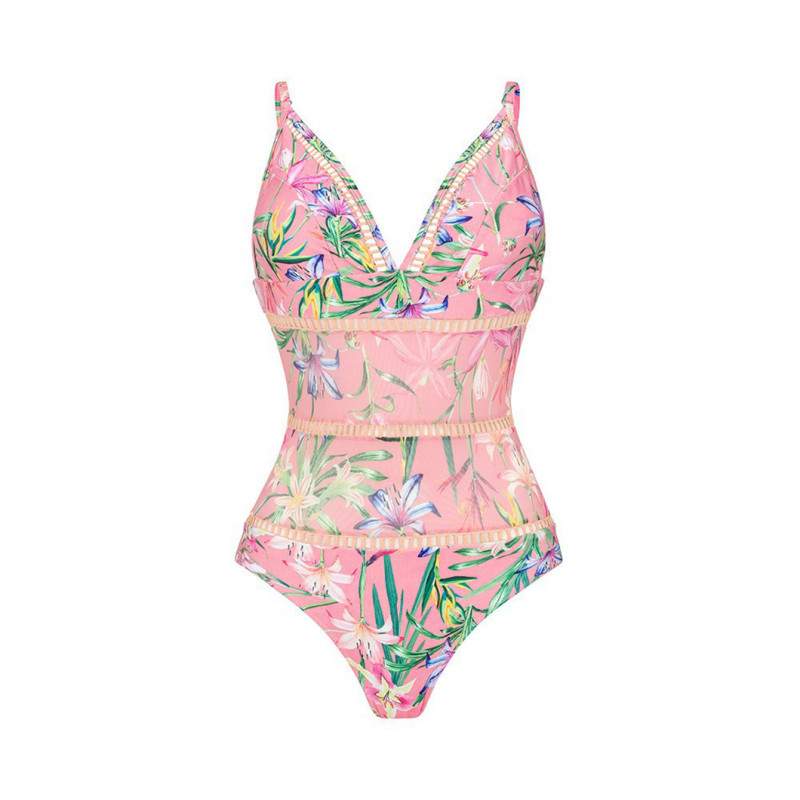 Fashion pink Floral Printed One-Piece Bikini Swimsuit, SummerBeach Sexy V-Neck Flowing Swimsuit