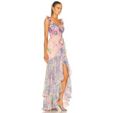 Pink Floral Printed One-Piece Bikini Swimsuit, SummerBeach Sexy V-Neck Flowing Swimsuit