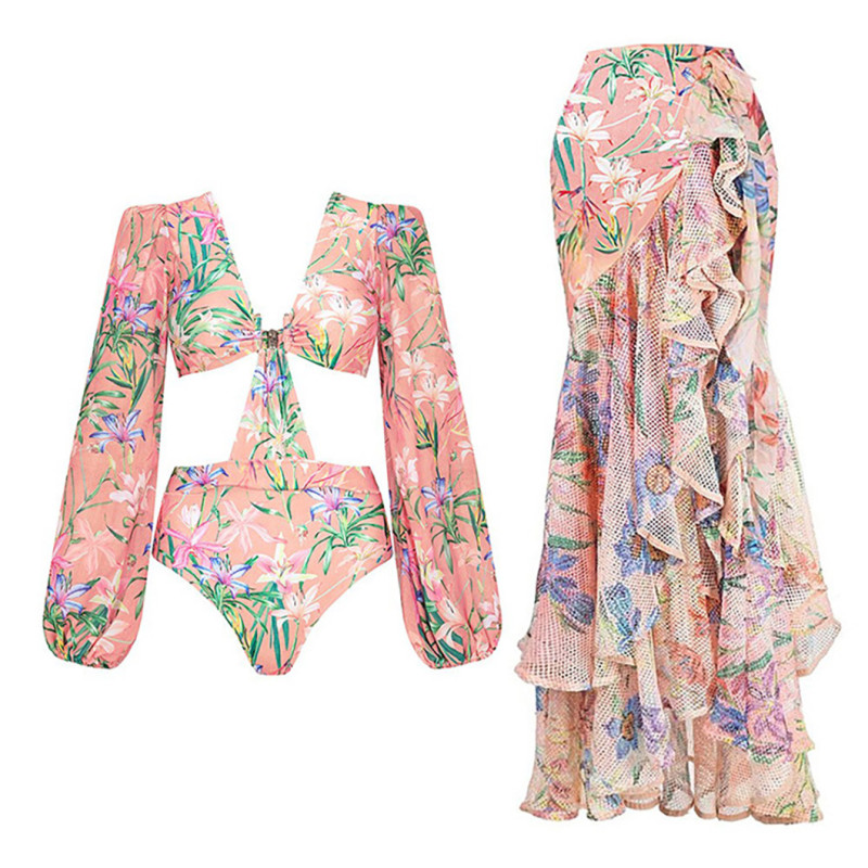 Fashion pink Floral Printed One-Piece Bikini Swimsuit, SummerBeach Sexy V-Neck Flowing Swimsuit