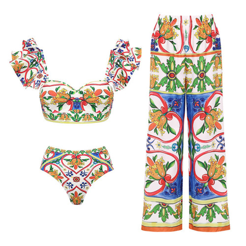 Ruffled-Edge Printed Two-Piece Swimming Suit sexySorceress Retro Beach Swimsuit