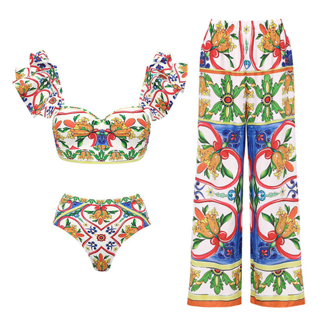 Ruffled-Edge Printed Two-Piece Swimming Suit sexySorceress Retro Beach Swimsuit