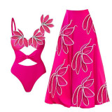 New Transparent Three-Dimensional PrintedSwimming Suit Pink One-Piece with Beach-Style SkirtSwimsuit