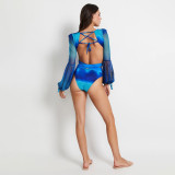 Red New Gradient-Print Sexy One-Piece Swimsuit Women'sLong-Sleeved Bikini Swimsuit