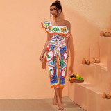 Ruffled-Edge Printed Two-Piece Swimming Suit sexySorceress Retro Beach Swimsuit