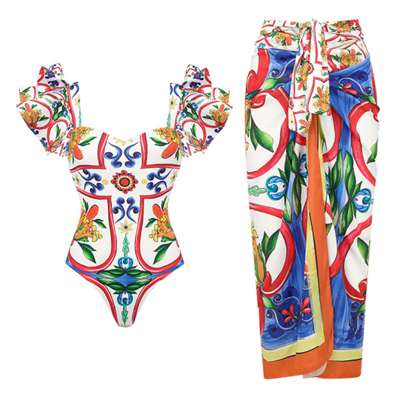 Ruffled-Edge Printed Two-Piece Swimming Suit sexySorceress Retro Beach Swimsuit
