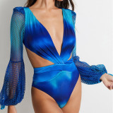 New Gradient-Print Sexy One-Piece Swimsuit Women'sLong-Sleeved Bikini Swimsuit