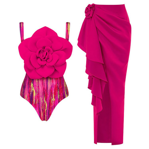 Pink New Style Figure-Hugging Three-Dimensional FlowerPattern Hot One-Piece Swimming Suit Swimwear