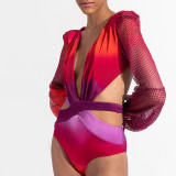 Red New Gradient-Print Sexy One-Piece Swimsuit Women'sLong-Sleeved Bikini Swimsuit